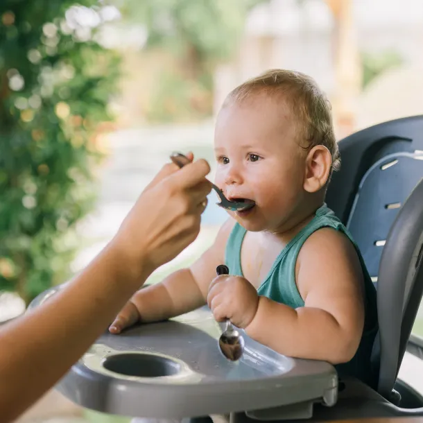 A baby in a high chair being spoonfed